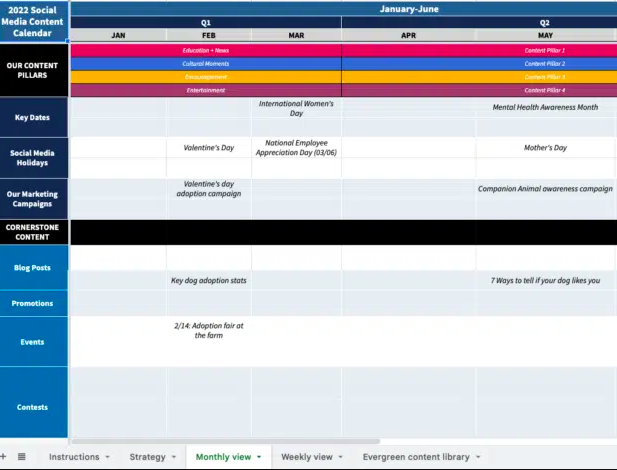 Google Sheets 2022 content calendar